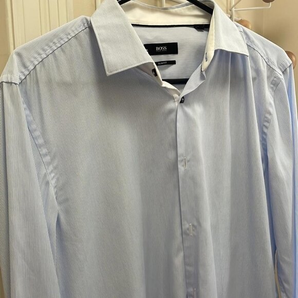 Hugo Boss Classic Business Casual Pinstriped Long Sleeve Button Down Blue - 39 - Picture 13 of 15